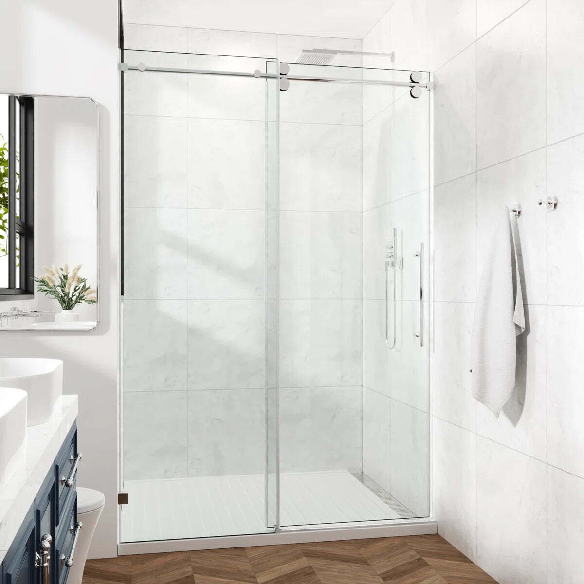 Cozy 44"-49"W x 76"H Frameless Single Sliding Shower Door, 3/8" Tempered Glass - Image 1