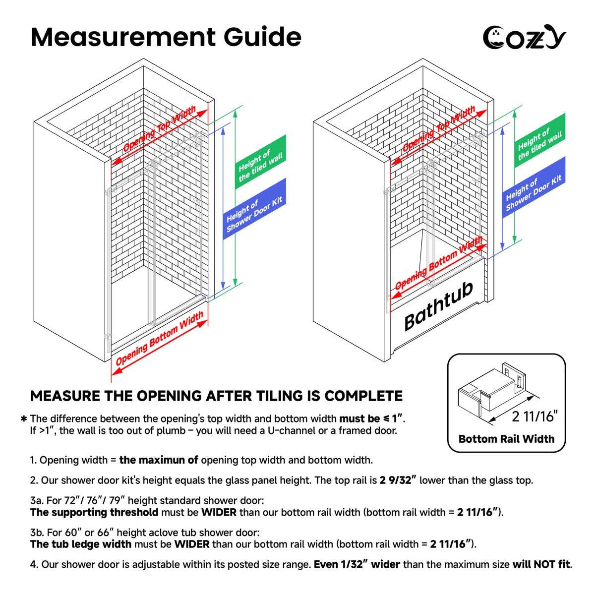 Cozy 44"-49"W x 76"H Frameless Single Sliding Shower Door, 3/8" Tempered Glass - Image 3
