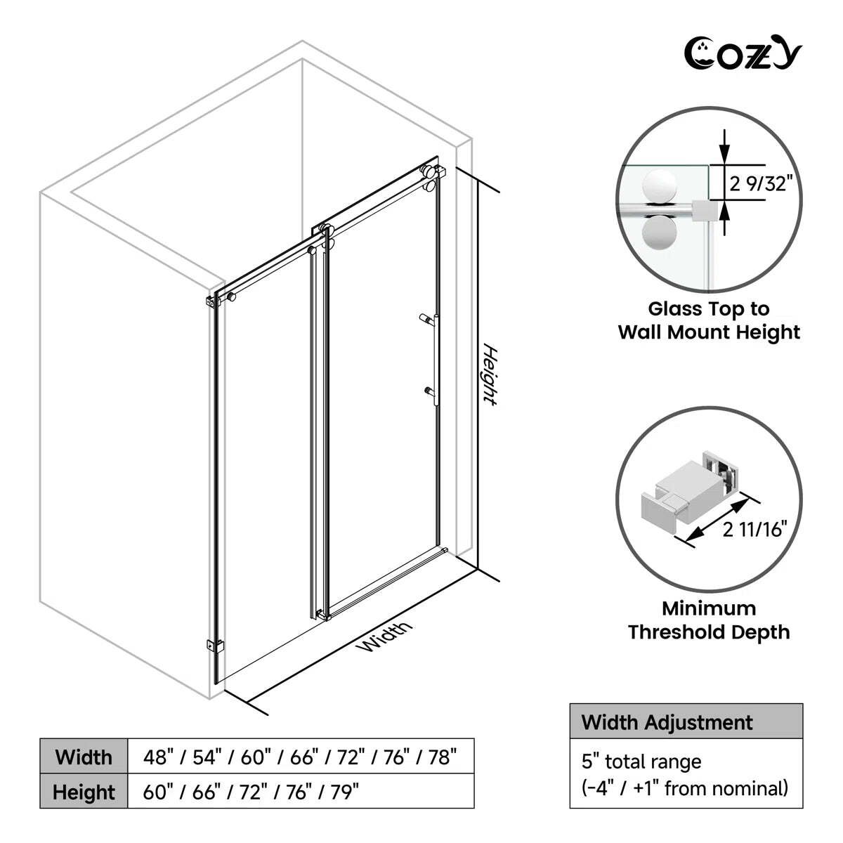 Cozy 50"-55"W x 76"H Frameless Single Sliding Shower Door, 3/8" Tempered Glass - Image 3