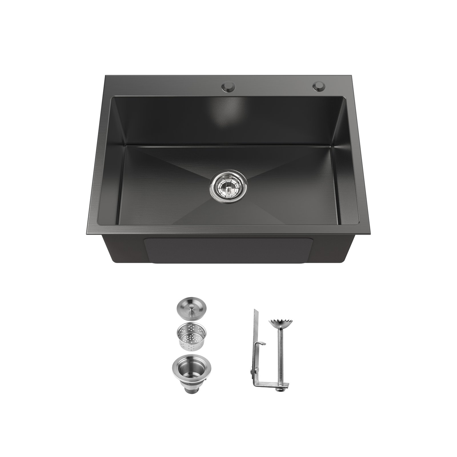 LS-SSBL01.jpg Stainless Steel Kitchen Sink, 27″x19″ Single Bowl, Overmount Handmade Sink in Black, with US Standard Drain and Hook, SS-BL02D-271908-2 - Image 1