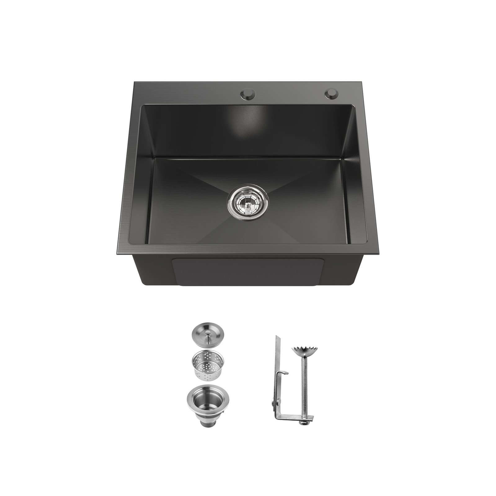 LS-SSBL02.jpg Stainless Steel Kitchen Sink, 23″x19″ Single Bowl, Overmount Handmade Sink in Black, with US Standard Drain and Hook, SS-BL02D-231908-2 - Image 1