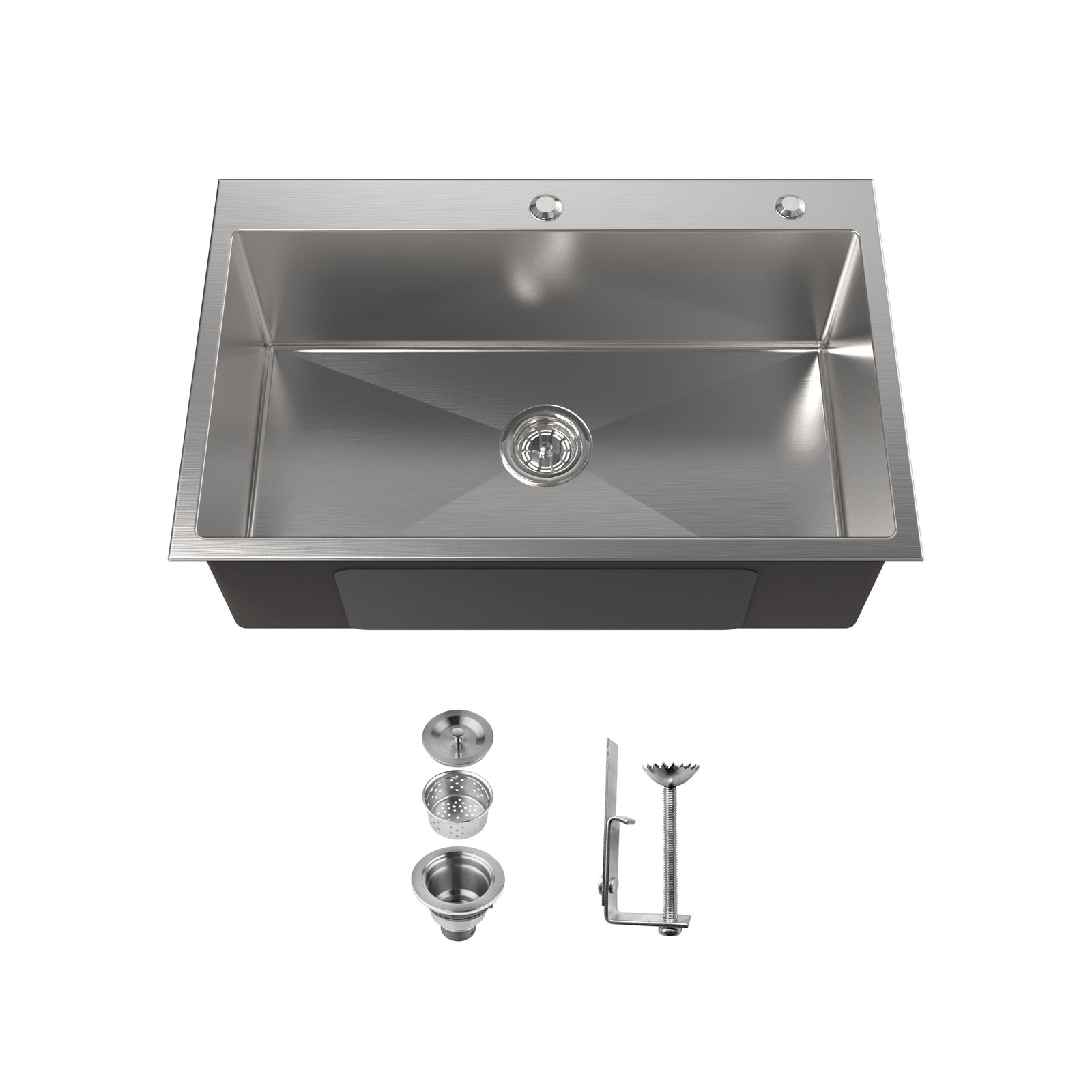 LS-SSBR04.jpg Stainless Steel Kitchen Sink, 30″x19″ Single Bowl, Overmount Handmade Sink in Brushed Nickel, with US Standard Drain and Hook, LS-SSBR04 - Image 1