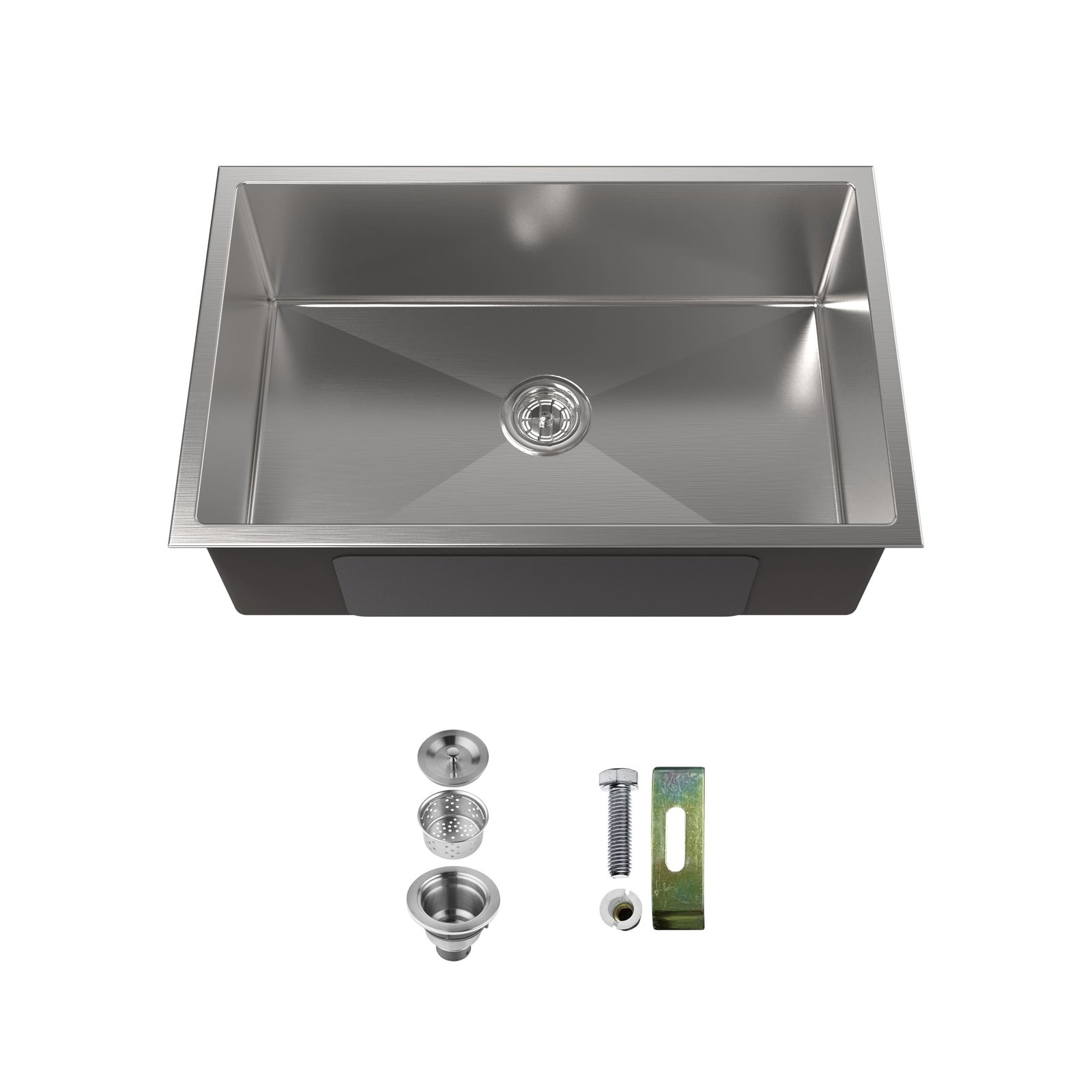 LS-SSBR05.jpg Stainless Steel Kitchen Sink, 30″x19″ Drop In Single Bowl, Undermount Handmade Sink in Brushed Nickel, with US Standard Drain and Hook, LS-SSBR05 - Image 1
