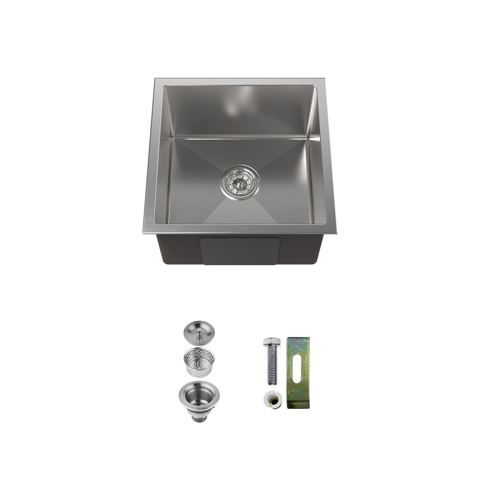 LS-SSBR07.jpg Stainless Steel Kitchen Sink, 18″x18″ Single Bowl, Undermount HandmadeSink in Brushed Nickel, with US Standard Drain and Hook, LS-SSBR07 - Image 1