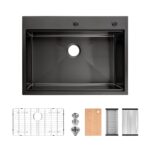 Stainless Steel Kitchen Sink, 30″x22″ Single Bowl, Overmount Handmade Sink in Black, with Cutting Board, Colander, Grid, SS-BR-08