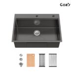 Stainless Steel Kitchen Sink, 30″x22″ Single Bowl, Overmount Handmade Sink in Black, with Cutting Board, Colander, SS-BR01D-302208 - Image 6