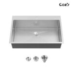 Stainless Steel Kitchen Sink, 33″x22″ Single Bowl, Overmount Handmade Sink in Black, with US Standard Drain and Hook,SS-BL02D-332212 - Image 5