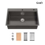 Stainless Steel Kitchen Sink, 33″x22″ Single Bowl, Overmount Handmade Sink in Black, with Cutting Board, Colander, SS-BL01D-332208-2