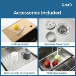 33″x19″ Stainless Steel Kitchen Sink, Single Bowl, Undermount Handmade Sink in Brushed, with Cutting Board, Colander, SS-BR07D-331908 - Image 8