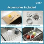 Stainless Steel Kitchen Sink, 30″x22″ Single Bowl, Overmount Handmade Sink in Brushed, with Cutting Board, Colander, SS-BR01D-302208 - Image 11
