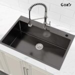 Stainless Steel Kitchen Sink, 33″x22″ Single Bowl, Overmount Handmade Sink in Black, with US Standard Drain and Hook,SS-BL02D-332212 - Image 2