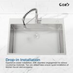 Stainless Steel Kitchen Sink, 33″x22″ Single Bowl, Overmount Handmade Sink in Black, with US Standard Drain and Hook, SS-BR02D-332212 - Image 9