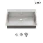 Stainless Steel Kitchen Sink, 33″x22″ Single Bowl, Overmount Handmade Sink in Black, with US Standard Drain and Hook, SS-BR02D-332212 - Image 10