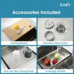 Stainless Steel Kitchen Sink, 36″x22″ Single Bowl, Overmount Handmade Sink in Brushed, with Cutting Board, Colander, Grid, SS-BR01-362208 - Image 6