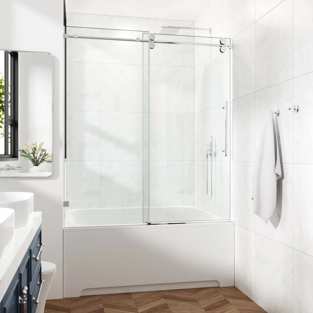 imgi_1_56-61_Wx60_.jpg 56-61" W x 60" H Frameless Single Sliding Tub Door with 3/8" (10mm) Clear Tempered Glass, Shatter-Resistant Film - Image 1