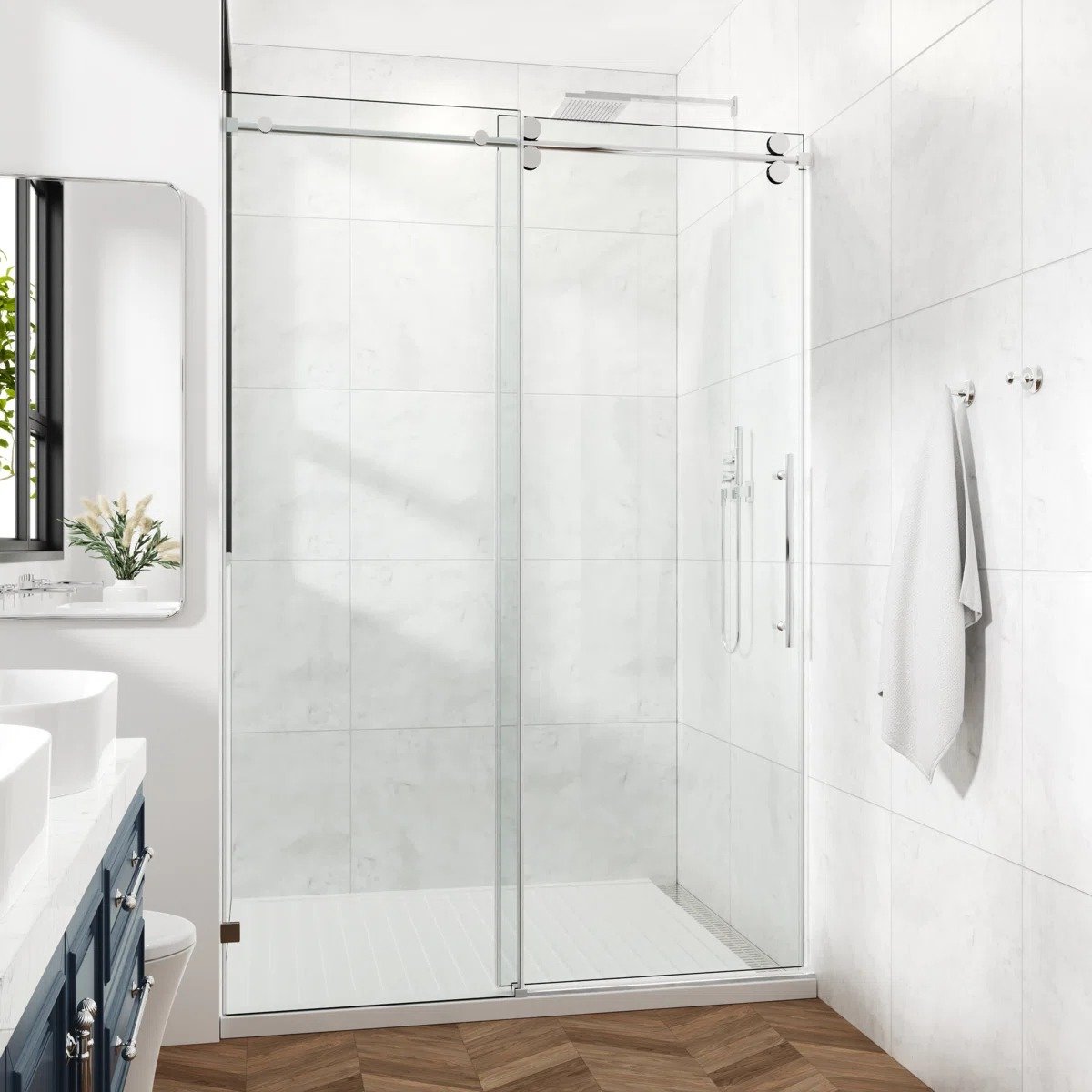 imgi_1_56-61_Wx7.jpg 56-61" W x 72" H Frameless Single Sliding Shower Door with 3/8" (10mm) Clear Tempered Glass, Shatter-Resistant Film - Image 1